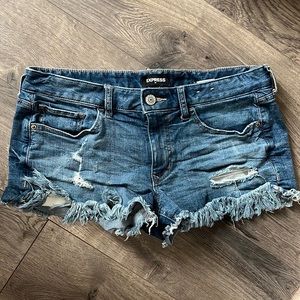 Express shortie low rise dark wash cut offs